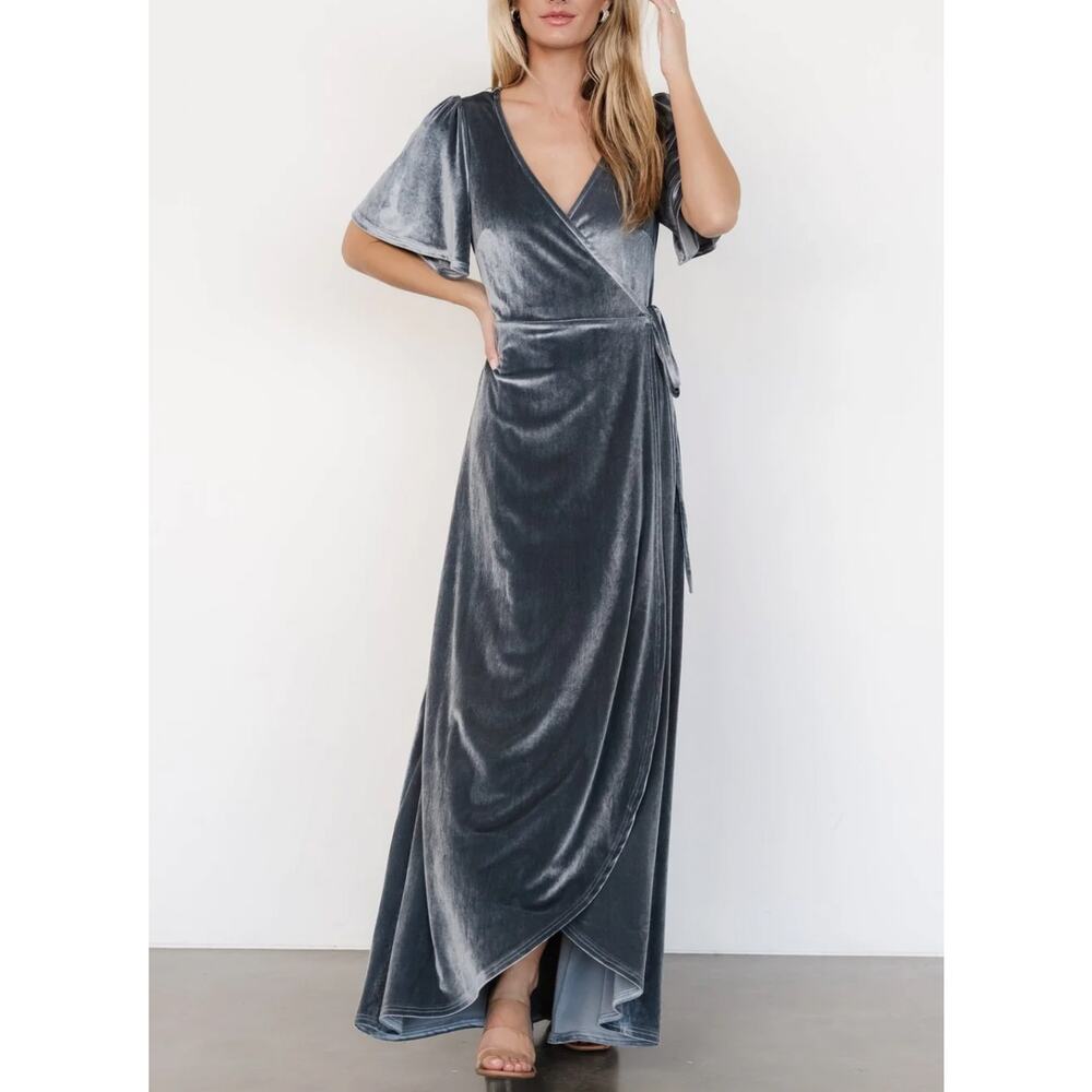 NEW Baltic Born Katelyn Velvet Maxi Wrap Dress in Dusty Blue Size Medium